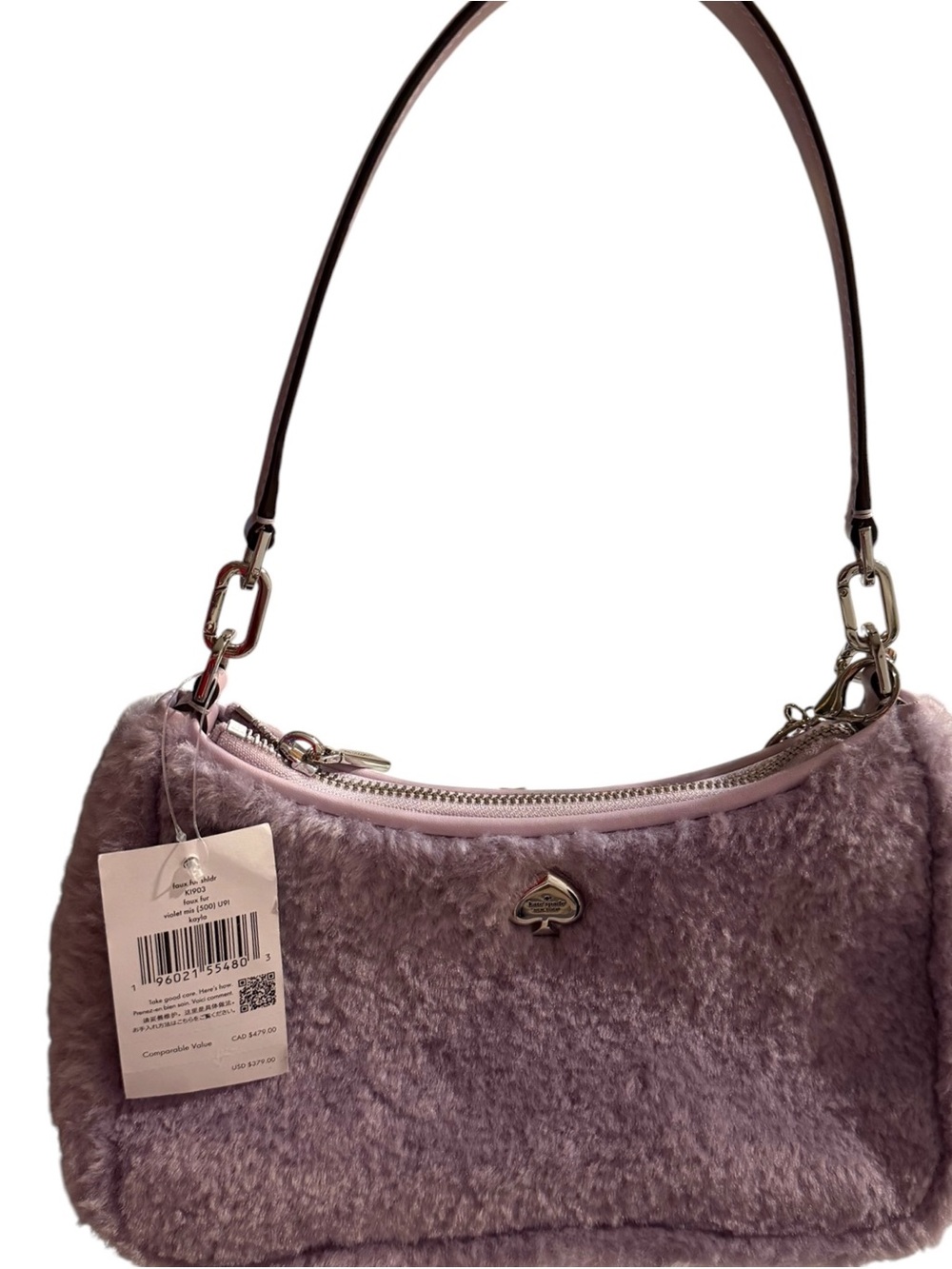 kate spade lavender faux-fur shoulder bag with silver spade logo - Picture 3 of 11